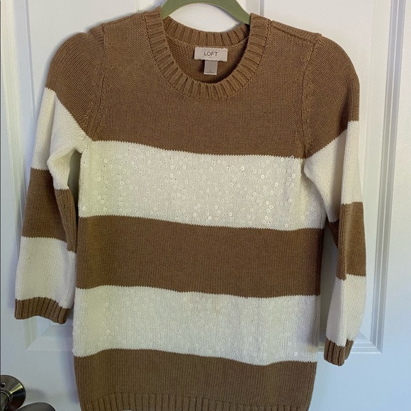 Tan and cream Loft three quarter sleeve sweater with white sequins - Picture 2 of 5